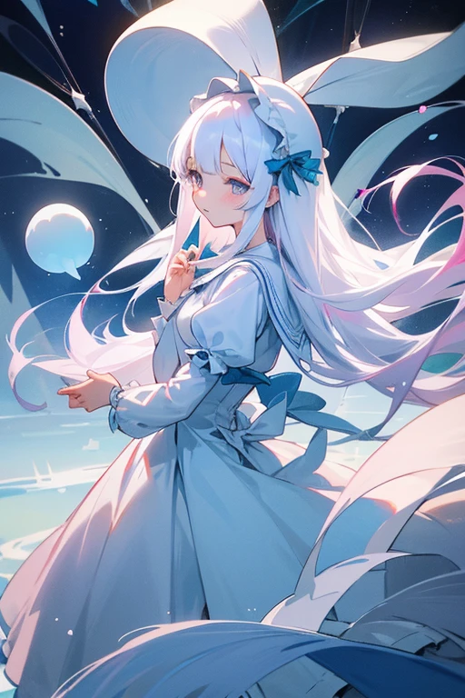 A young girl with long straight white hair。Droopy eyes and ephemeral appearance、Ice blue and pink odd eyes。A princess with the ability to control snow。spirit。sacred、beautiful、cute　Lolita Dresses、I like rabbits