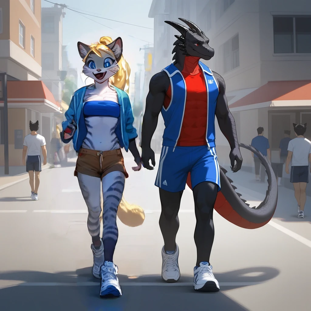 score_9, score_8_up, score_7_up, Kat, (anthro furry feline, Kat, silver furry body, blonde hair, hair in ponytail blue eyes, long blonde hair, wearing blue bandeau, brown short shorts, white sneakers), happy, walking, outdoors
