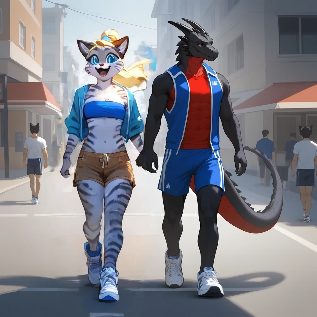score_9, score_8_up, score_7_up, Kat, (anthro furry feline, Kat, silver furry body, blonde hair, hair in ponytail blue eyes, long blonde hair, wearing blue bandeau, brown short shorts, white sneakers), happy, walking, outdoors