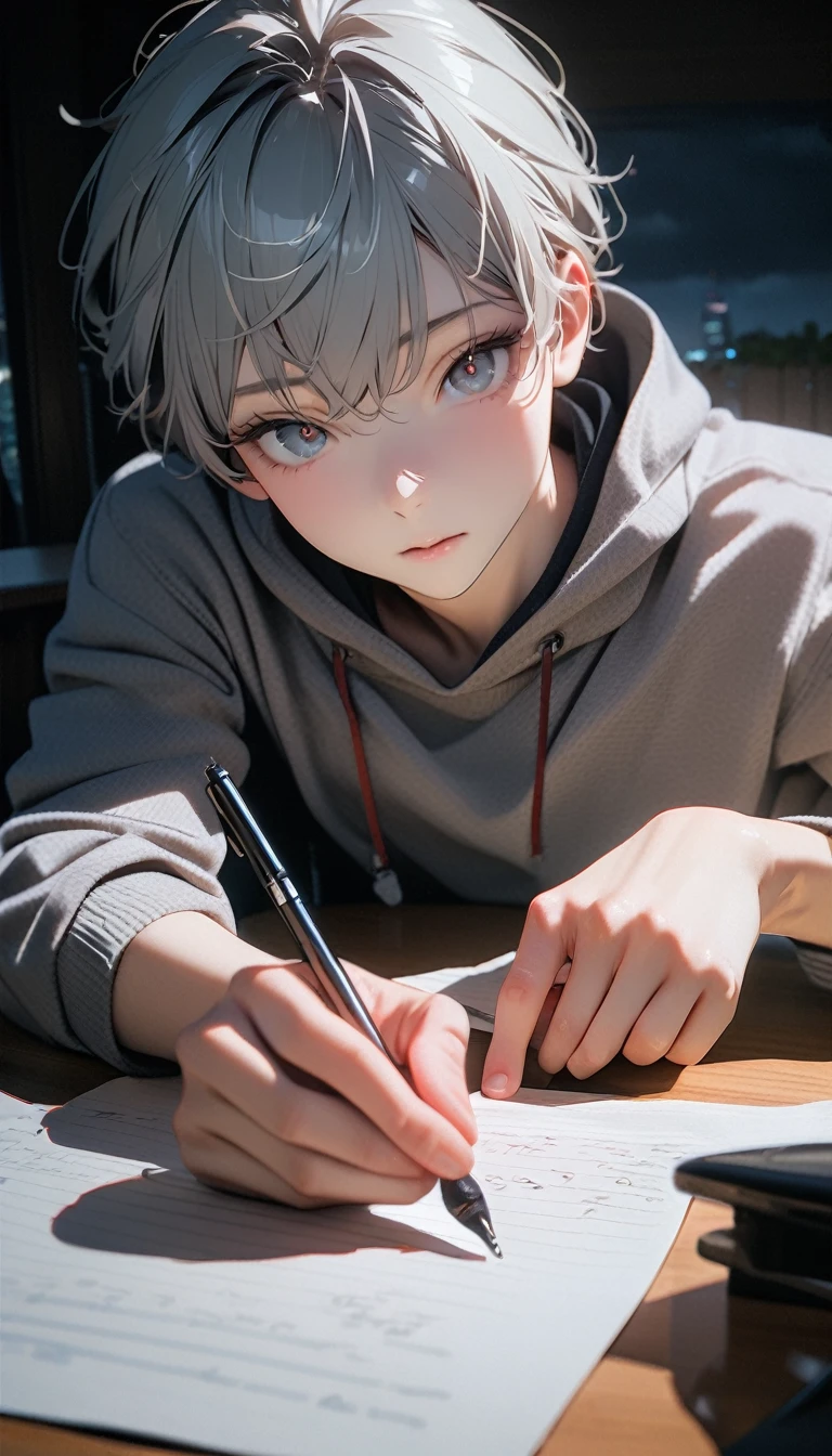 (8K, RAW photos, best quality, masterpiece: 1.4), (((Boy writing with pen on table)))，Ultra-high resolution, Extremely detailed, light, Desk lamp close-up, handsome boy, black eyes, (delicate eyes, Eyes are bright:1.2), Gray short hair, Fair skin,dark, Grey sweatshirt, sweatshirt with hood,(perfect ???????:1.2), High-quality shadows, Natural Lighting, (White highlights:1.2), night, cloudy day, (at home:1.2), (Practice writing on the table:1.2)