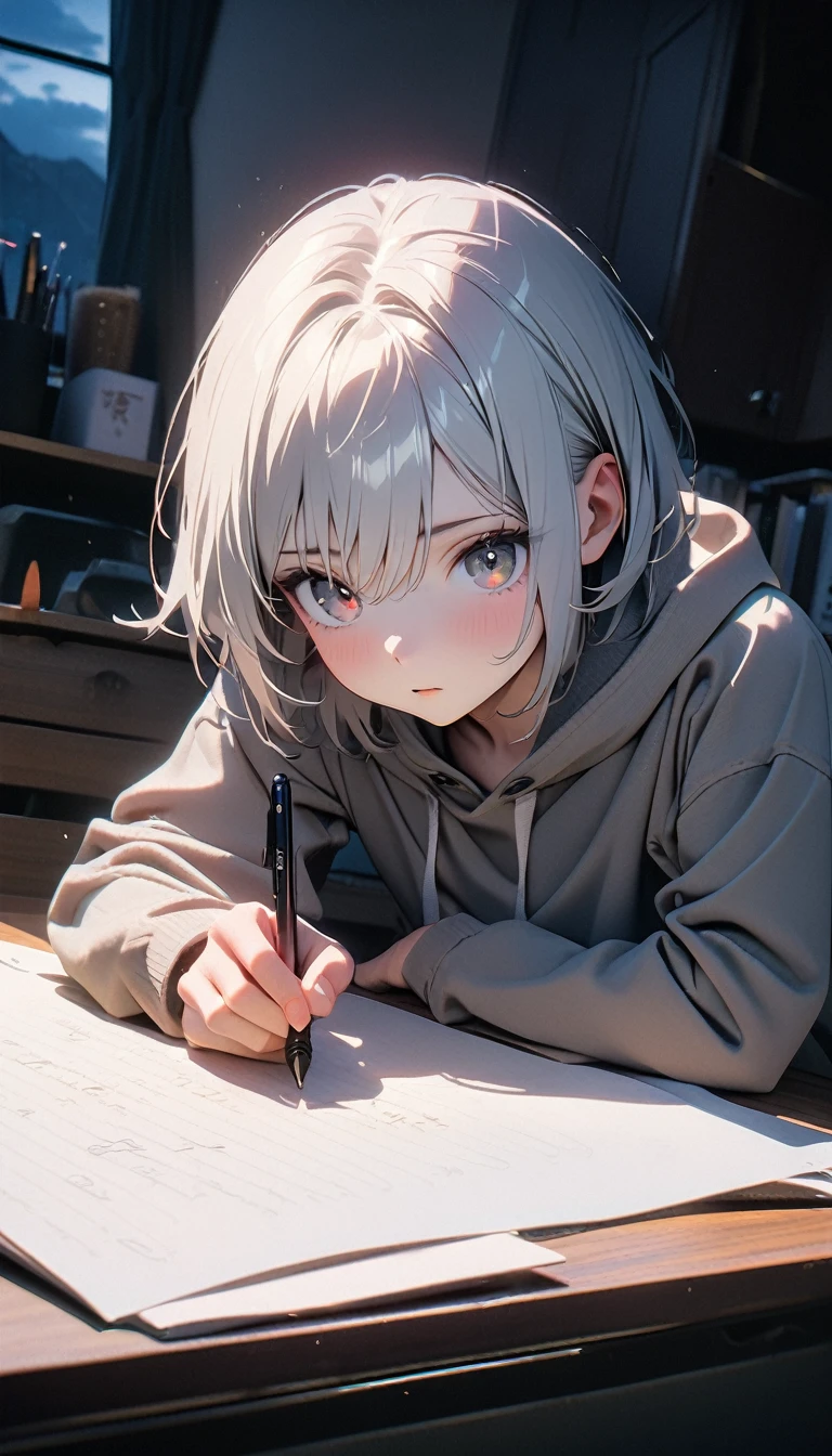 (8K, RAW photos, best quality, masterpiece: 1.4), (((Boy writing with pen on table)))，Ultra-high resolution, Extremely detailed, light, Desk lamp close-up, handsome boy, black eyes, (delicate eyes, Eyes are bright:1.2), Gray short hair, Fair skin,dark, Grey sweatshirt, sweatshirt with hood,(perfect anatomy:1.2), High-quality shadows, Natural Lighting, (White highlights:1.2), night, cloudy day, (at home:1.2), (Practice writing on the table:1.2)