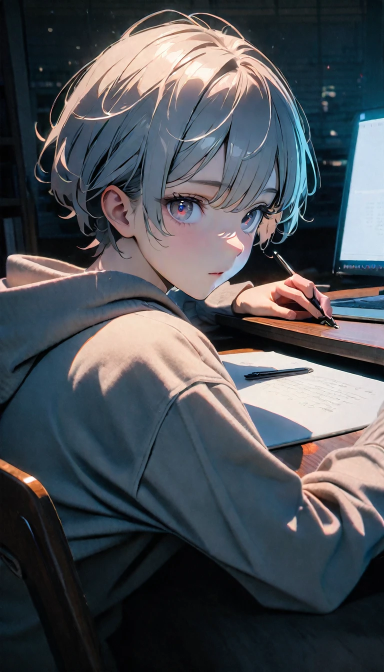 (8K, RAW photos, best quality, masterpiece: 1.4), (((Boy writing with pen on table)))，Ultra-high resolution, Extremely detailed, light, Desk lamp close-up, handsome boy, black eyes, (delicate eyes, Eyes are bright:1.2), Gray short hair, Fair skin,dark, Grey sweatshirt, sweatshirt with hood,(perfect anatomy:1.2), High-quality shadows, Natural Lighting, (White highlights:1.2), night, cloudy day, (at home:1.2), (Practice writing on the table:1.2)