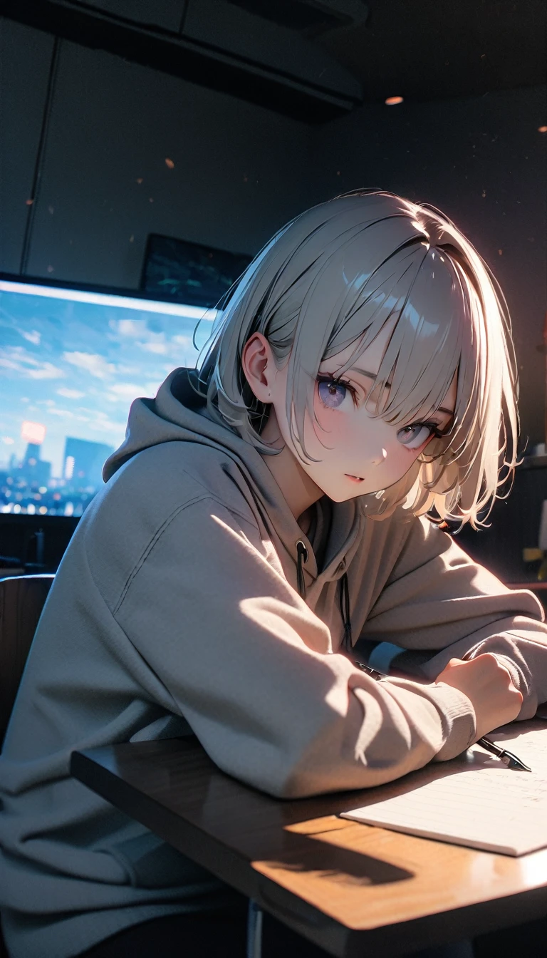 (8K, RAW photos, best quality, masterpiece: 1.4), (((Boy writing with pen on table)))，Ultra-high resolution, Extremely detailed, light, Desk lamp close-up, handsome boy, black eyes, (delicate eyes, Eyes are bright:1.2), Gray short hair, Fair skin,dark, Grey sweatshirt, sweatshirt with hood,(perfect anatomy:1.2), High-quality shadows, Natural Lighting, (White highlights:1.2), night, cloudy day, (at home:1.2), (Practice writing on the table:1.2)