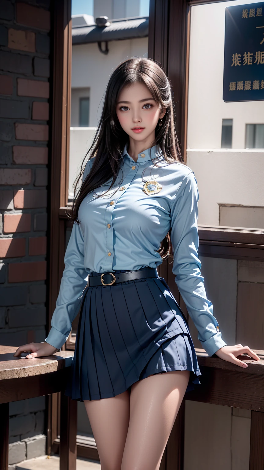 ((Policewoman standing in front of a brick wall)),Highest quality work,Live-action work,Ultra Premium Graphics,8K HD CG Works,High Quality Graphics,High-definition CG works,10x pixels,Ultra-fine detail:1.1,High level of technical detail:1.1 Photorealistic,Natural light:1.5.Lighting Effects(仮想Lighting Effects:1.8)、(Golden White Shorthair)、(Bob Hair)、Thin eyebrows、High nose、Nice red lips、Rose Cheek、Casual makeup face、Cute Face、Perfectly Proportioned Face、Light-toned foundation。Foundation that enhances the clarity of your skin。((American Police:1.5))、((Navy blue jacket with emblem on chest))、((Semi-transparent light blue blouse))、((Navy blue tight skirt))。40k、photograph、On the table、Highest quality、Rain Background、((1.A girl with beautiful eyes and light hair、White skin、Mr.A Pose。(Medium Chest::1.1))、Highest quality、On the table、Ultra-high resolution、(Real::1.4)、RAWphotograph、(Perfect figure)、(slim::1.3)、slimな腹部、完璧なslimな体型、Dynamic Pose、One person、Cold light 12000K、Fine face and skin texture、Detailed、Realな目、Beautiful texture、(Real skin)、charm、Ultra-high resolution、Surreal、Very thin、Long legs、High heels、(smile)、