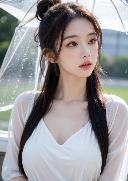 (((Upper body shot,Close-up photo)))、(((long hair,Bun hairstyle)))、(((Rainy Day,get wet)))、(((White summer chiffon shirt,get wet雪紡衫)))、18 years old、angry、girl、Plump breasts、Point on chest、Penetrating breasts、Showing nipples、Light eye makeup、Ultra-realistic faces、High resolution 16K、Skin texture must be natural、Use natural light and color、 High-quality photos taken by model agencies.