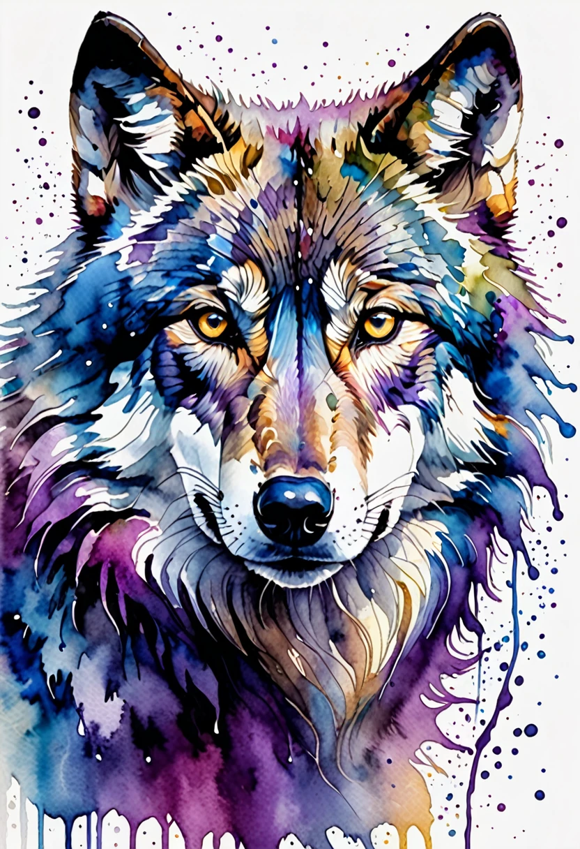 Animals painted in watercolor with vivid and expressive colors, a wolf in blue and purple tones on a white background. The wolf is painted with fluid and soft details, capturing its majestic and mysterious essence. Blue and purple tones blend harmoniously, creating a rich and vibrant palette. The wolf has an intense and enigmatic expression, with its eyes shining in contrast to the colors of its fur. The white background highlights the bright colors, making the wolf stand out with strength and elegance. This design combines the beauty of nature with the artistic creativity of watercolor, resulting in a visually striking and attractive image., Realism, Hyperrealism, UHD, masterpiece, accurate, anatomically correct, textured skin, super detail, award winning, 16k