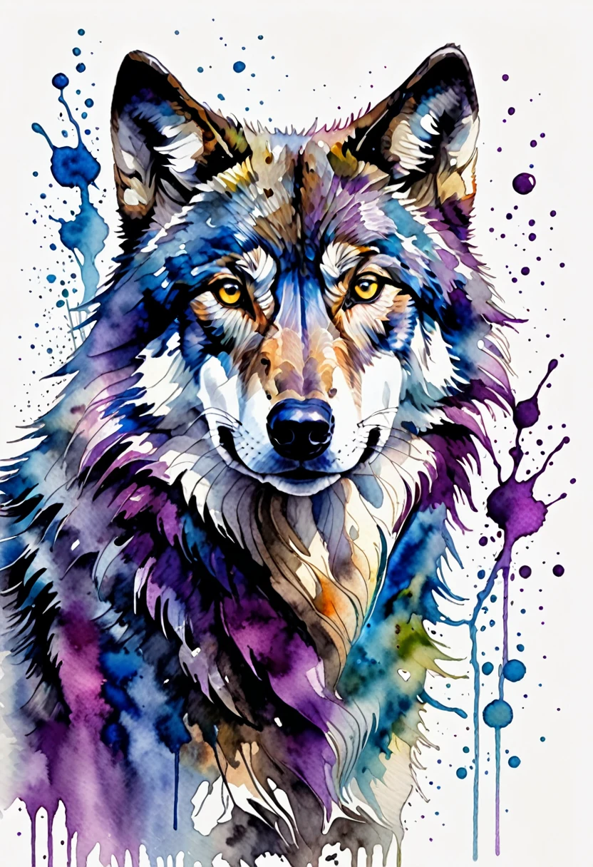 Animals painted in watercolor with vivid and expressive colors, a wolf in blue and purple tones on a white background. The wolf is painted with fluid and soft details, capturing its majestic and mysterious essence. Blue and purple tones blend harmoniously, creating a rich and vibrant palette. The wolf has an intense and enigmatic expression, with its eyes shining in contrast to the colors of its fur. The white background highlights the bright colors, making the wolf stand out with strength and elegance. This design combines the beauty of nature with the artistic creativity of watercolor, resulting in a visually striking and attractive image., Realism, Hyperrealism, UHD, masterpiece, accurate, anatomically correct, textured skin, super detail, award winning, 16k