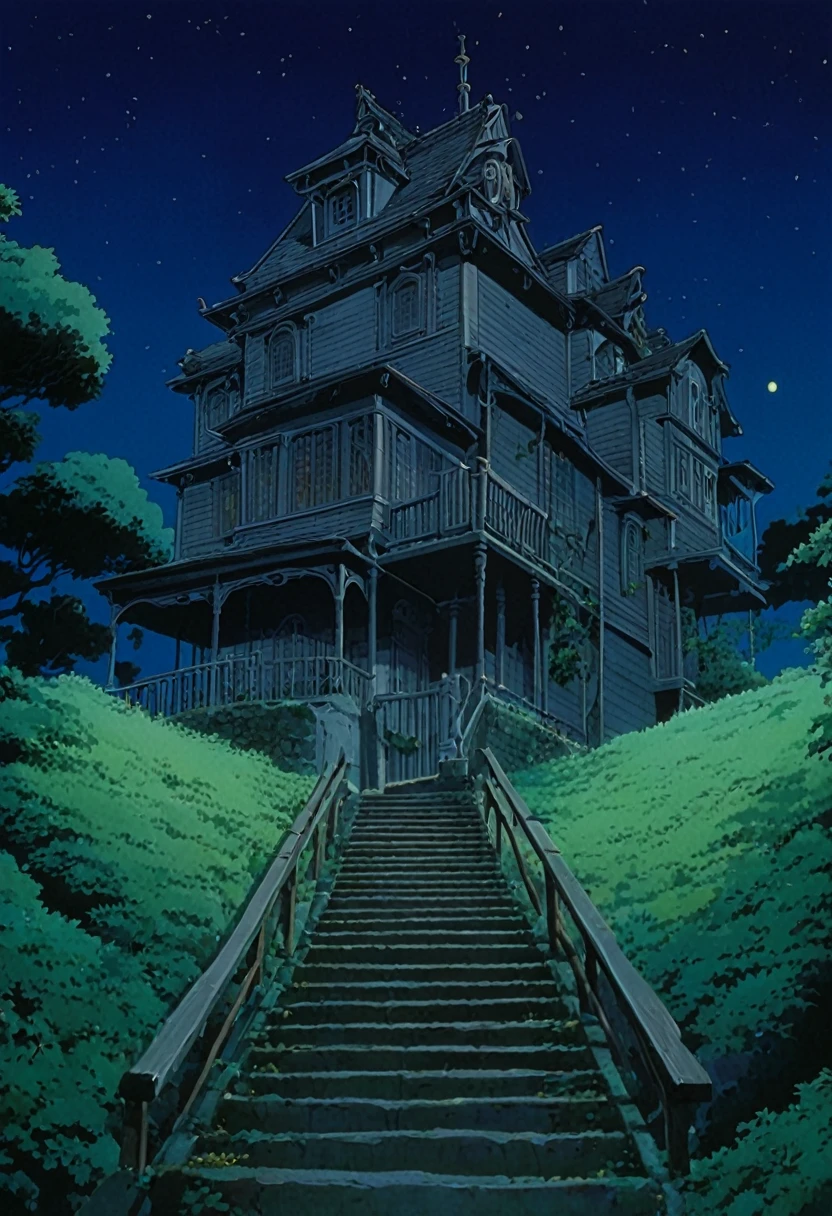 Animated scene of a haunted house with stairs, Hayao Miyazaki&#39;s concept art, Pixiv, What it is？, Studio Ghibli's smooth concept art, studio ghibli environment, Studio Ghibli concept art, Studio Ghibli style, The atmosphere of Ghibli&#39;s Spirited Away, howling\Moving Night Castle, Studio Ghibli movie stills, studio ghibli artstyle, ghibli studio art