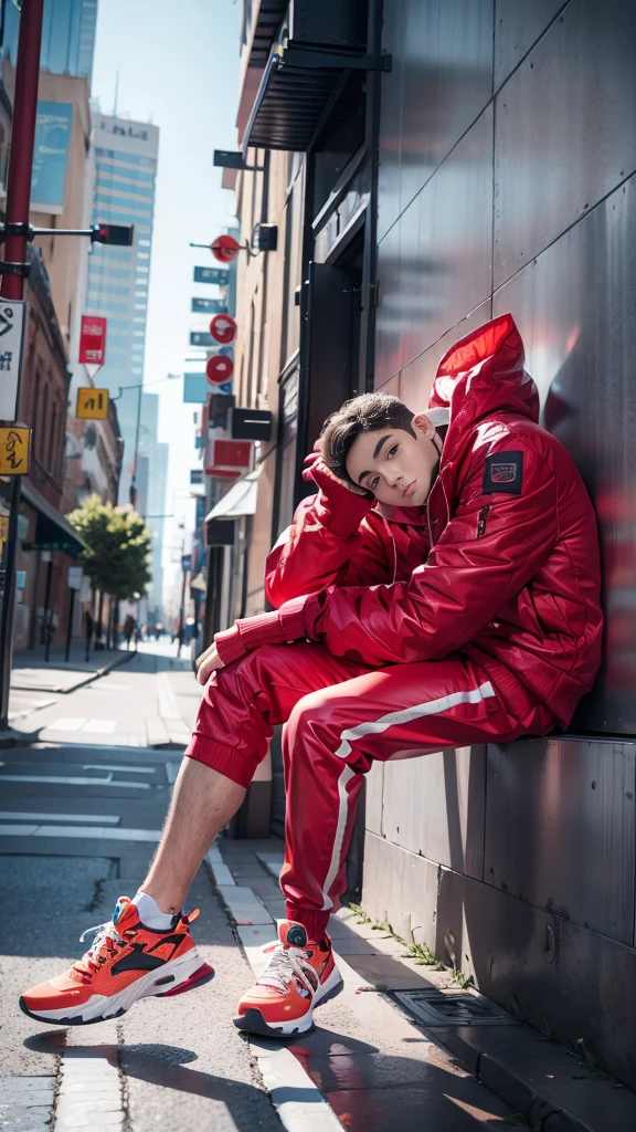 man in colorful clothes, (Search: 1.5), athletic sneakers, shallow space, urban architecture background, sitting pose, best quality, 8K