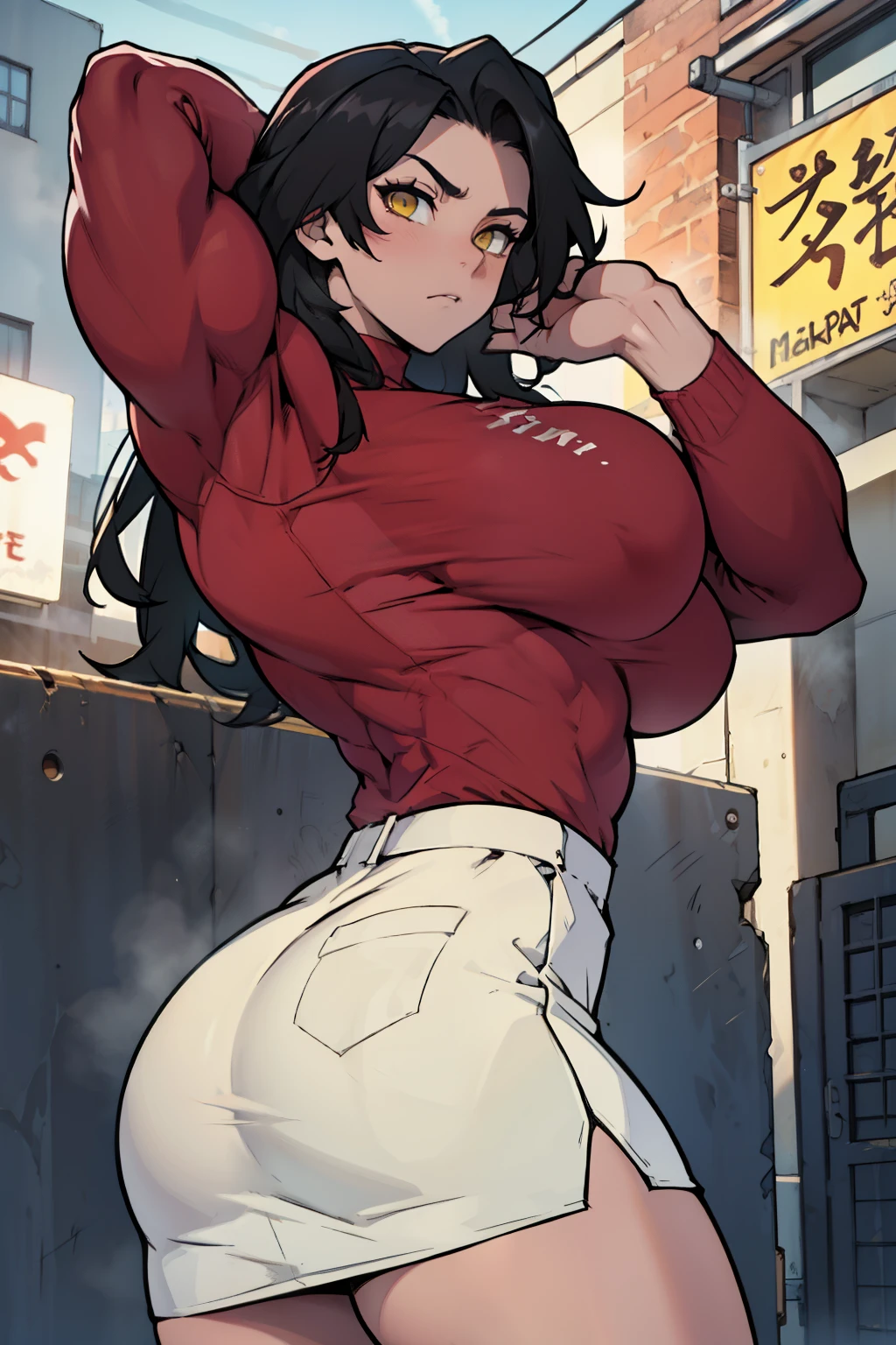 huge muscles huge breasts huge thighs pale skin black hair yellow eyes very long hair muscular girl sad expressionless plated skirt long sleeve tight t-shirt