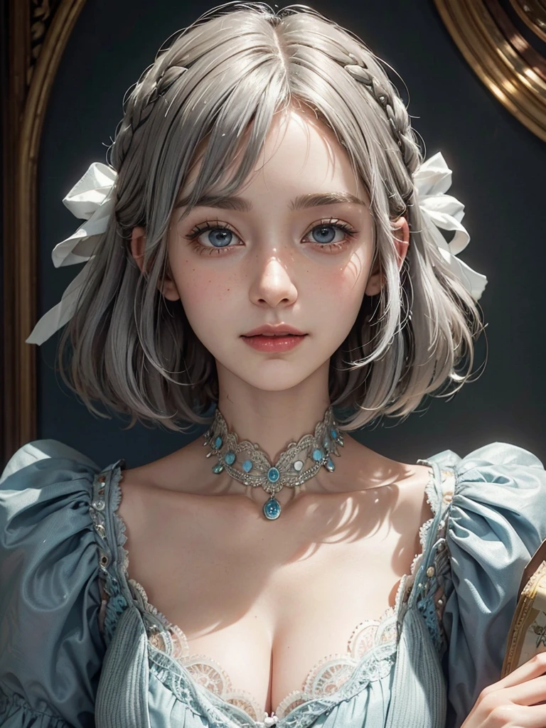 ((masterpiece)), ((best quality)), (ultra-detailed), ((extremely detailed)), 4K, (8K), best quality, a beautiful woman, ((beautiful light gray hair)), shiny hair, ((fluffy bob cut)), light blue eyes, detailed skin, freckled skin, flushed cheeks, 20 years old, Super detailed alcohol ink painting of gorgeous girl, Made on top of a mixed-media masterpiece patchwork of stress-free vintage script paper, Ephemera, Torn cardboard, Vintage newspaper, Vintage sheet music, Wax Seal, Dress made of paper ruffles and life-size dainty lace, in the style of [Junk Journal, double exposure, Equal to the size of the body, Greg Simkins, Mark Davis, Oliver Jeffers, Andy Kehoe], Cinematic, Stunning, Highly detailed, 8K, dehazed, Smile, surprise