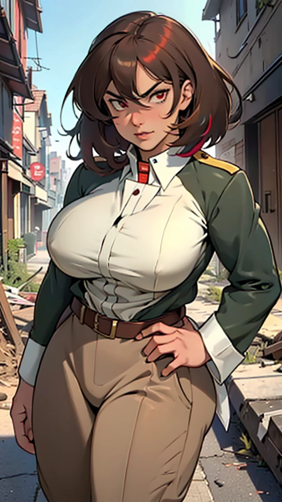 high detailed, anime woman, a 25 yo's busty woman, bicolor hair, 2 toned Brown hair, militar clothes, gorgeous chunky body,Beautiful Nose, militar shirt, bullet belt, militar pants, she is holding a gun in the hands, serious face, ready to shot pose, red eyes,
(masterpiece:1.0),(vibrant_color:1.2)
(Beautiful,large_Breasts:1.5), (beautiful_face:1.5),(plump_waist), background city in ruins