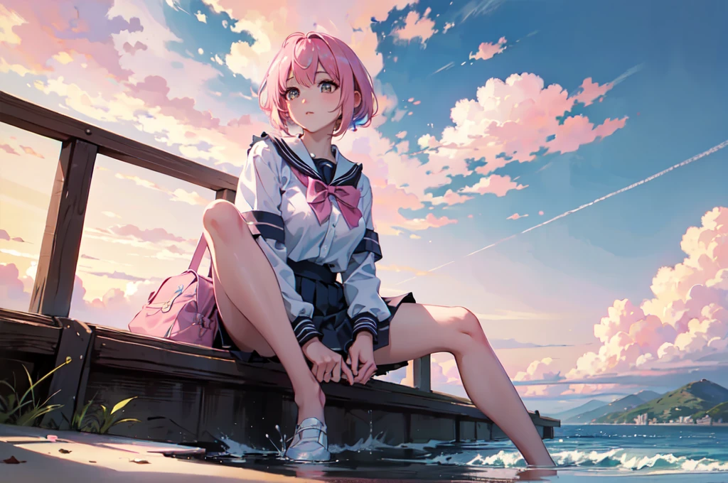 ((Highest quality)), ((masterpiece)), (detailed), From below, Pink Bob Hair, Beautiful school girl, Plump breasts, , Sitting on the shore, Spread your legs, View your viewers, beautiful pink sky and clouds,