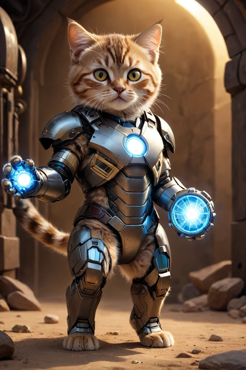 small, There are no humans in this world、The world of anthropomorphized cats、Wearing a full Iron Man suit、Iron Man Mark 1、prototype、The arc reactor emits blue light、desert、かわいいbornき物全身, Costumes,、 Fantasy art, Exquisite detail, An anthropomorphic, fat, furry tabby kitten with yellow eyes, Movie Scenes, Dramatic shot angles, , Realistic, born々Amazing cinematic photorealism, Action Portrait, 8K, detailed, Full Frame