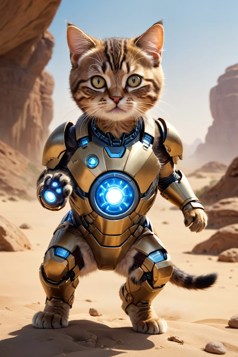 small, There are no humans in this world、The world of anthropomorphized cats、Wearing a full Iron Man suit、Iron Man Mark 1、prototype、The arc reactor emits blue light、desert、かわいいbornき物全身, Costumes,、 Fantasy art, Exquisite detail, An anthropomorphic, fat, furry tabby kitten with yellow eyes, Movie Scenes, Dramatic shot angles, , Realistic, born々Amazing cinematic photorealism, Action Portrait, 8K, detailed, Full Frame
