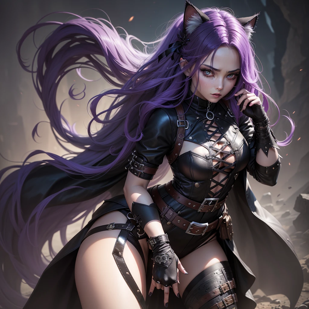 a female character from "arcane" the hair is a deep black, almost absorbing the light around it. It’s styled in a long, layered cut with jagged ends that give her a wild, untamed look. A few strands are dyed in shades of dark purple and silver, complementing her gothic aesthetic, her eyes are a striking crimson red, with a cat-like slit that intensifies her gaze. When she uses her abilities, they seem to emit a faint glow, casting an eerie light on her surroundings, her skin is porcelain white, a stark contrast to the dark world of Zaun. It’s almost as if she glows in the dark, her skin reflecting the faintest of lights, clothing is a mix of leather and lace, with corseted tops and flowing skirts that allow for movement. Her boots are knee-high with buckles and straps, perfect for stealth and agility. She wears fingerless gloves with claw-like extensions for defense, she adorns herself with gothic jewelry like chokers and bracelets made of black metal and dark gemstones and her belt has various pouches for her tools and gadgets essential for survival in Zaun.