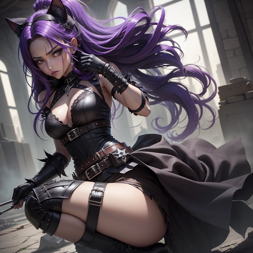 a female character from "arcane" the hair is a deep black, almost absorbing the light around it. It’s styled in a long, layered cut with jagged ends that give her a wild, untamed look. A few strands are dyed in shades of dark purple and silver, complementing her gothic aesthetic, her eyes are a striking crimson red, with a cat-like slit that intensifies her gaze. When she uses her abilities, they seem to emit a faint glow, casting an eerie light on her surroundings, her skin is porcelain white, a stark contrast to the dark world of Zaun. It’s almost as if she glows in the dark, her skin reflecting the faintest of lights, clothing is a mix of leather and lace, with corseted tops and flowing skirts that allow for movement. Her boots are knee-high with buckles and straps, perfect for stealth and agility. She wears fingerless gloves with claw-like extensions for defense, she adorns herself with gothic jewelry like chokers and bracelets made of black metal and dark gemstones and her belt has various pouches for her tools and gadgets essential for survival in Zaun.