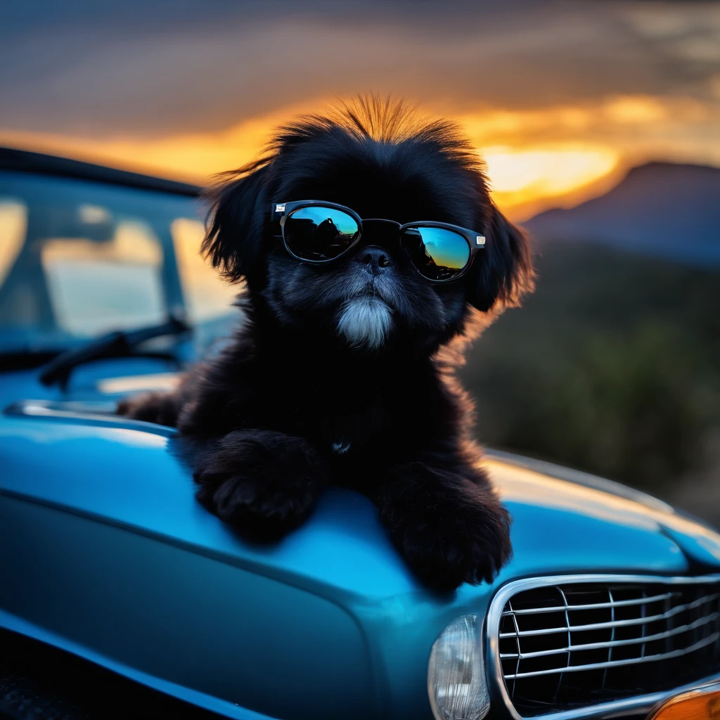 Adorable small black Shih Tzu wearing blue sunglasses in a blue BMW with sunset background