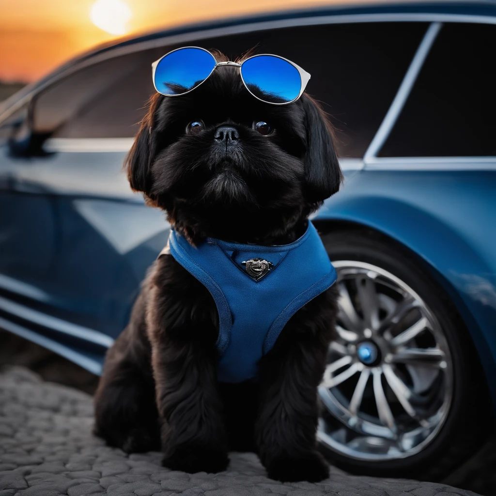Adorable small black Shih Tzu wearing blue sunglasses in a blue BMW with sunset background