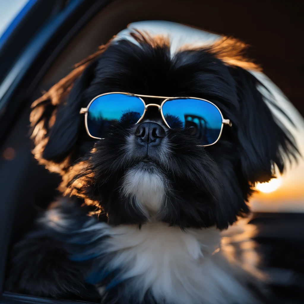 Adorable small black Shih Tzu wearing blue sunglasses in a blue BMW with sunset background