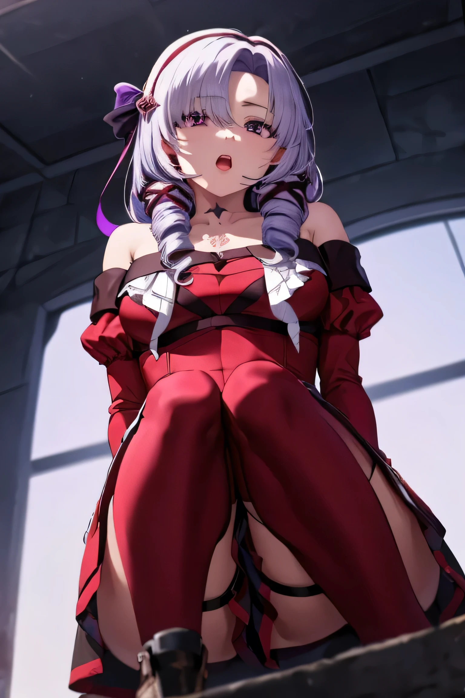 sitting,
squating,
looking down,
look at the viewer,
from below,beautiful, (masterpiece:1.2), (Highest quality:1.2), Perfect Eyes, Perfect Face, Perfect lighting,One girl, Oily skin,masterpiece, Highest quality, High resolution, (Salome), Drill Hair, Parted bangs, hair band, ribbon, Purple eyes, Large Breasts, tattoo, ((Red tight dress made of cupra material)),mini skirt,Long sleeve, Bare shoulders, Black gloves, Cowboy Shot,Open your mouth,((headset)),Constricted eyes,),