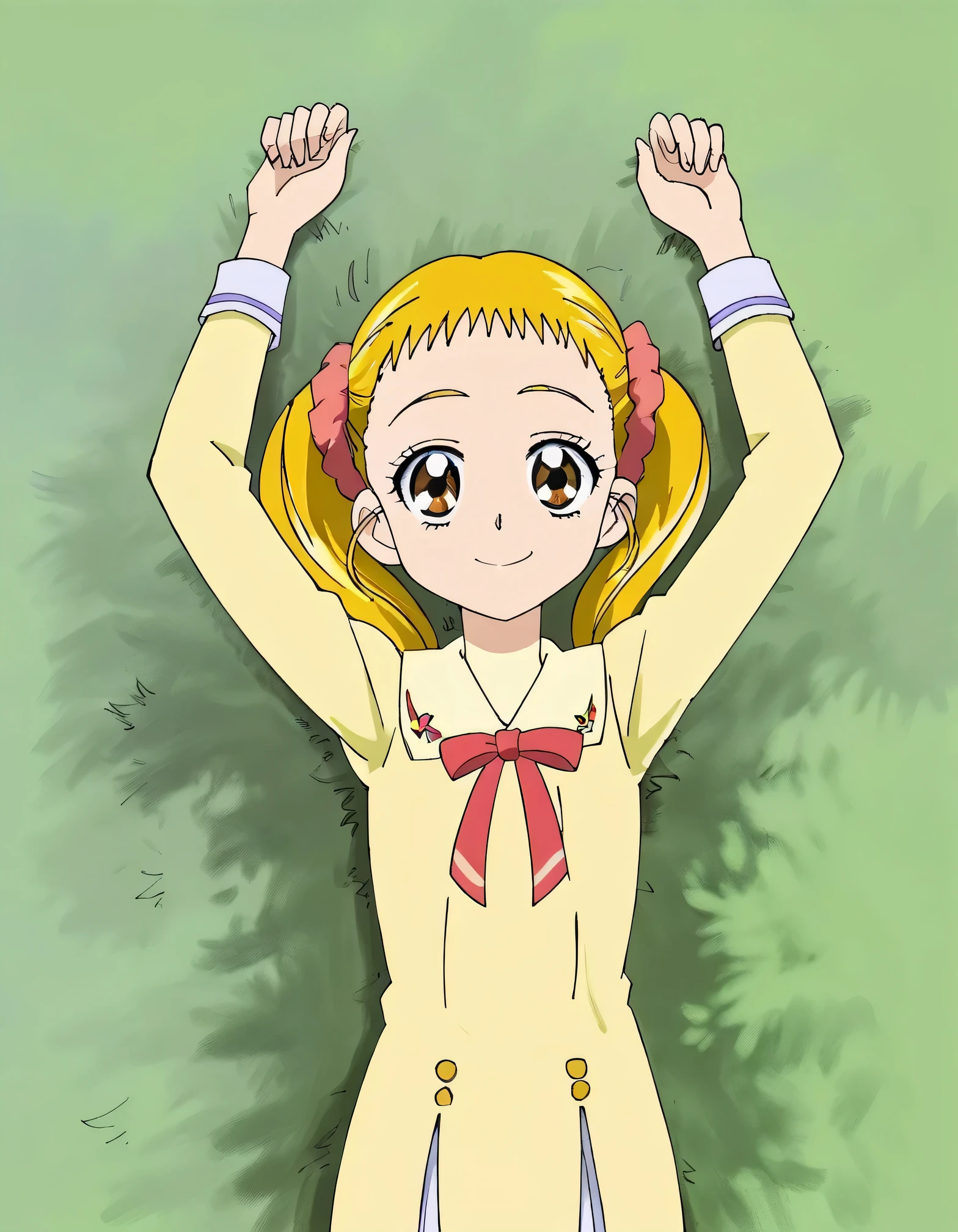 Kasugano Urara, blonde hair, twintails, pink scrunchie, brown eyes, high quality, solo, lying, on back, arms up, spread arms, closed mouth, on grass, (cowboy shot:1.5), looking at viewer, smile, best quality,