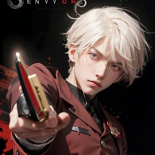 An anime adult boy with withe hair and red eye in a black suit and holding a knife in his hand