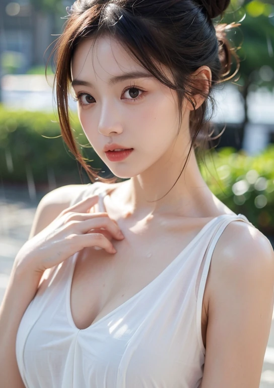 (((Upper body shot,Close-up photo)))、(((long hair,Bun hairstyle)))、(((Rainy Day,get wet)))、(((White summer chiffon shirt,get wet雪紡衫)))、18 years old、angry、girl、Plump breasts、Point on chest、Penetrating breasts、Showing nipples、Light eye makeup、Ultra-realistic faces、High resolution 16K、Skin texture must be natural、Use natural light and color、 High-quality photos taken by model agencies.