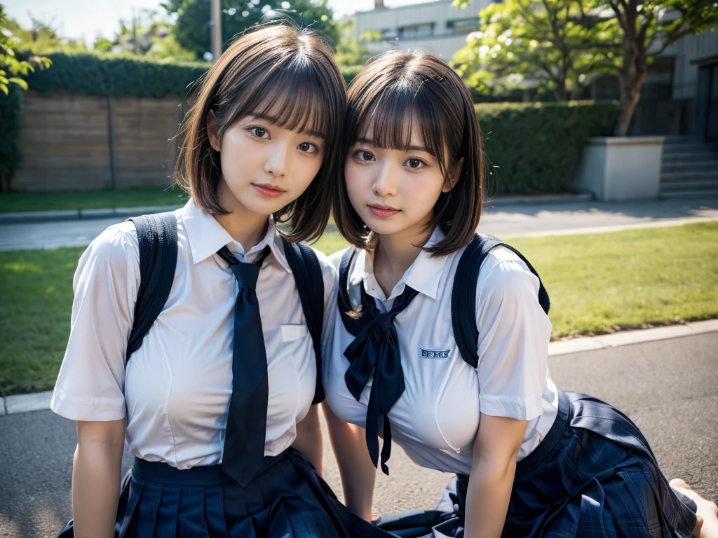 (RAW photo, 4k, masterpiece, high resolution, extremely complex) (realistic: 1.4), cinematic lighting
((2 girls, 2 schoolgirls)),Slam Dunk's,blushing,((innocent)),bright eyes,round eyes,blunt bangs,(short bob hair:1.3),black hair,large breasts,wide hips,Summer Noon, ,Hot, (Best Quality), (Highres), (an Extremely Delicate and Beautiful),(Beautiful 8k face),(Brown eyes),( spectators),(gigantic breasts),(Play with each other,Touching each other's bodies,Touching the body),(Japanese high school uniform:1.3),blue skirt,(reality),bright lighting,(The background is a luxury hotel room)