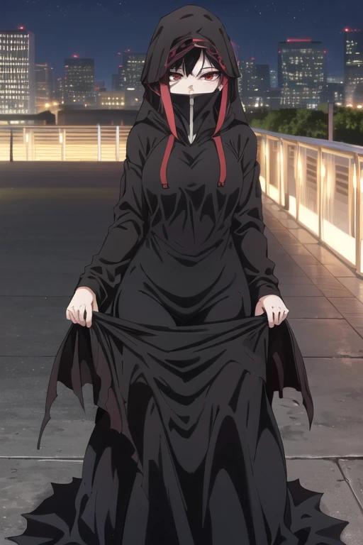 NNAssassinFSF, 1girl, solo, median breasts, black hair, red eyes, long sleeves, dress, hood, long skirt, black dress, cape, black cloak, hood up, black robe, covered mouth, hooded cloak, ((masterpiece,best quality)) city, night