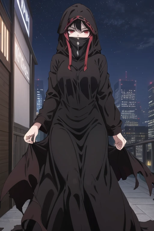 NNAssassinFSF, 1girl, solo, median breasts, black hair, red eyes, long sleeves, dress, hood, long skirt, black dress, cape, black cloak, hood up, black robe, covered mouth, hooded cloak, ((masterpiece,best quality)) city, night