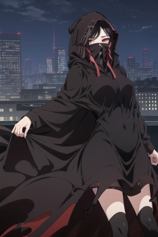 NNAssassinFSF, 1girl, solo, median breasts, black hair, red eyes, long sleeves, dress, hood, long skirt, black dress, cape, black cloak, hood up, black robe, covered mouth, hooded cloak, ((masterpiece,best quality)) city, night