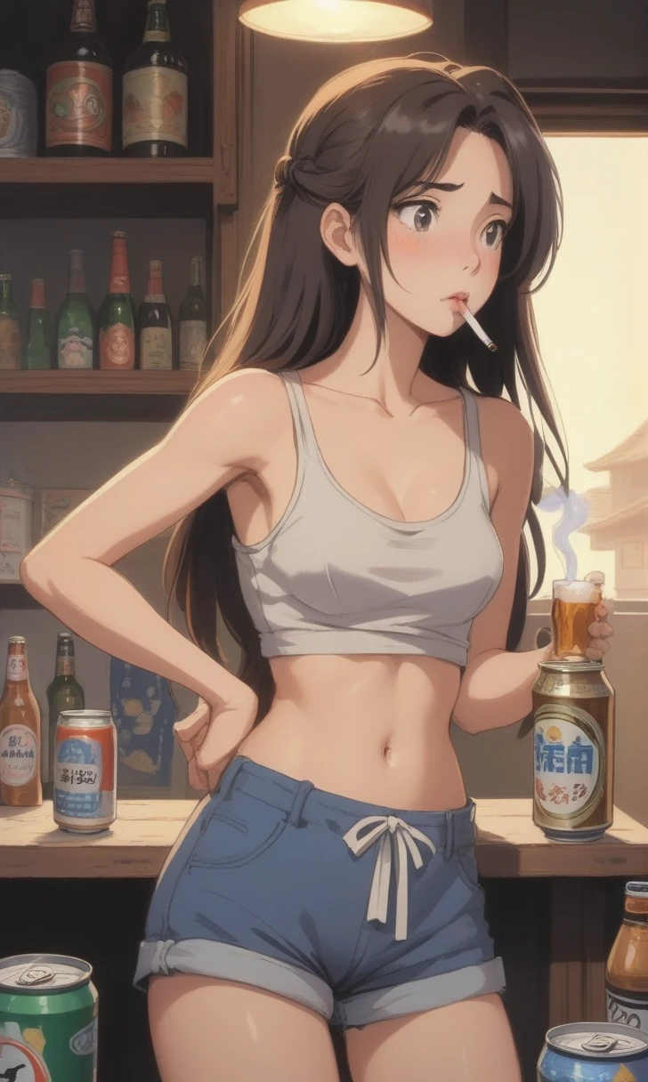 Ghibli-style painting、Summer Nights in Japan、Mature woman、A woman opens a can of beer、A woman is relaxing at home after work、The woman is smoking a cigarette、Tank top and shorts、Her long hair is tied up roughly、