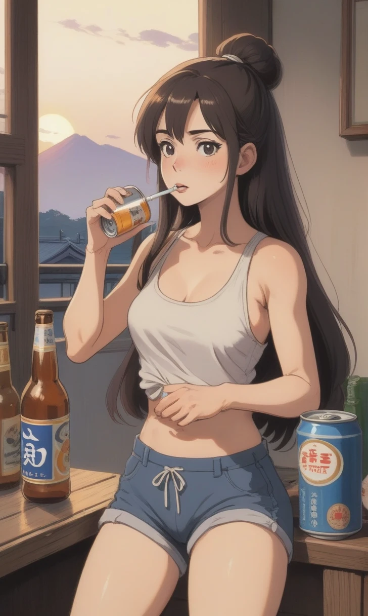 Ghibli-style painting、Summer Nights in Japan、Mature woman、A woman opens a can of beer、A woman is relaxing at home after work、The woman is smoking a cigarette、Tank top and shorts、Her long hair is tied up roughly、