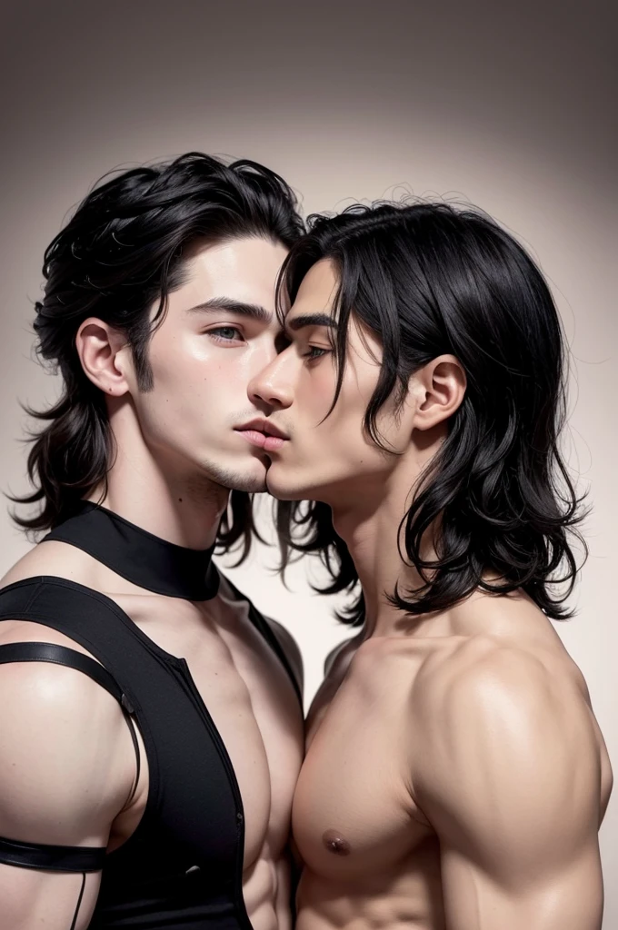 Two men kissing, the shortest one has black wavy hair with pale skin and is cute, the biggest one is muscular and black 