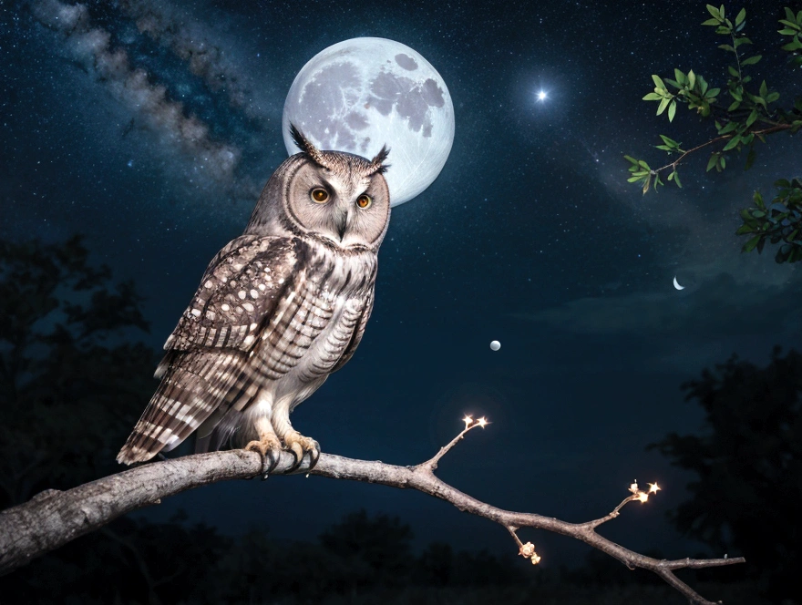 An owl on a tree branch. Night scene with a big white moon and many stars in the sky.