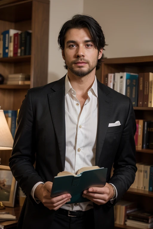 Handsome thin White man medium black hair black suit Stubble beard reading books