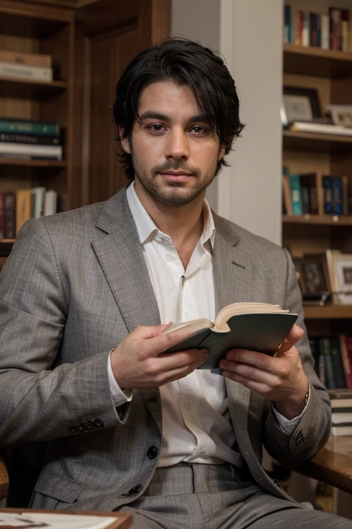 Handsome thin White man medium black hair black suit Stubble beard reading books