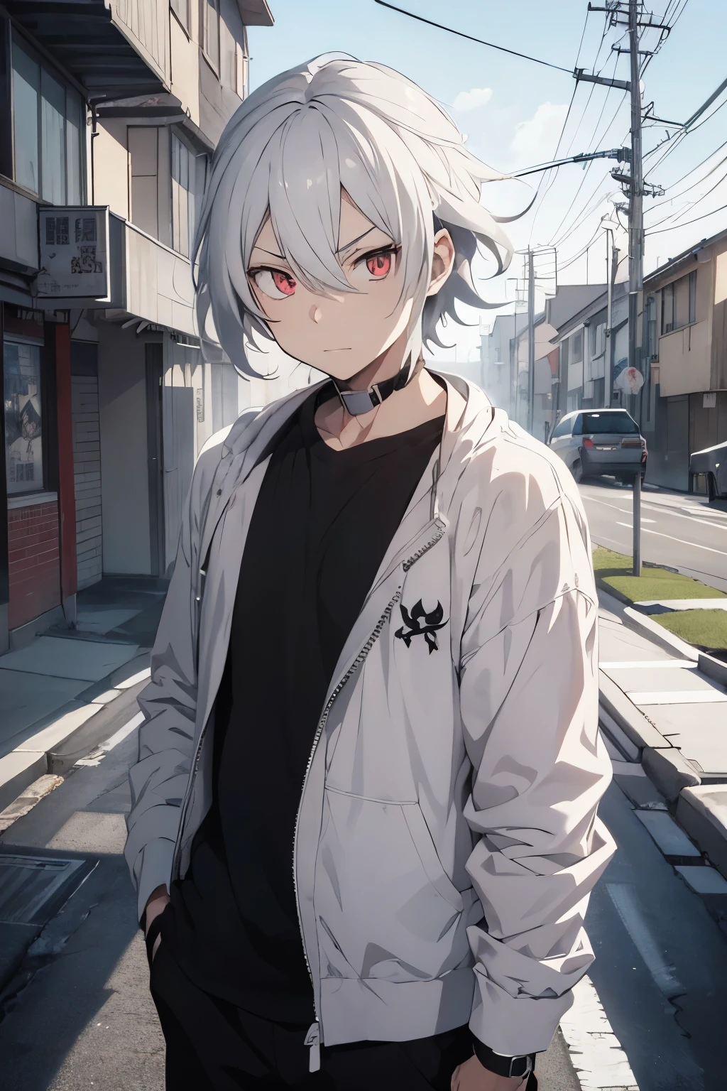 anime boy with white hair and black shirt holding a kitchen knife, artwork in the style of guweiz, Nagito komaeda, 2D anime style, clean and detailed anime style, trigger anime art style, modern anime style, Ken Kaneki, detailed digital anime art, a nervous teenage killer, clean and detailed anime art, digital anime illustration, epic anime style. (Cold and unfriendly expression on his face), (black shirt with a white jacket), crimson eyes. Modern apartment background.