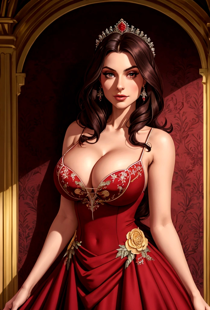 Tight cleavage, fancy ballgown, deep tits, embroidered, dark red,