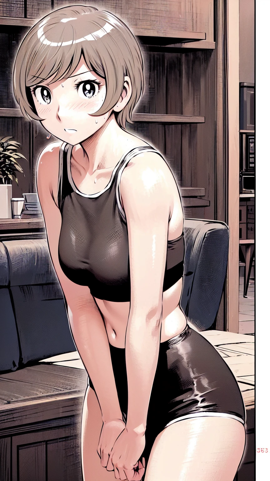 (masterpiece、Highest quality)、Highest quality, Ultra-high resolution, (((masterpiece))), alone, Sweat、Big eyes, Composition from the front、(Close-up of a person)、Shortcuts、Embarrassed face、Bronze Hair、Short back hair、Sports Bra、Panties