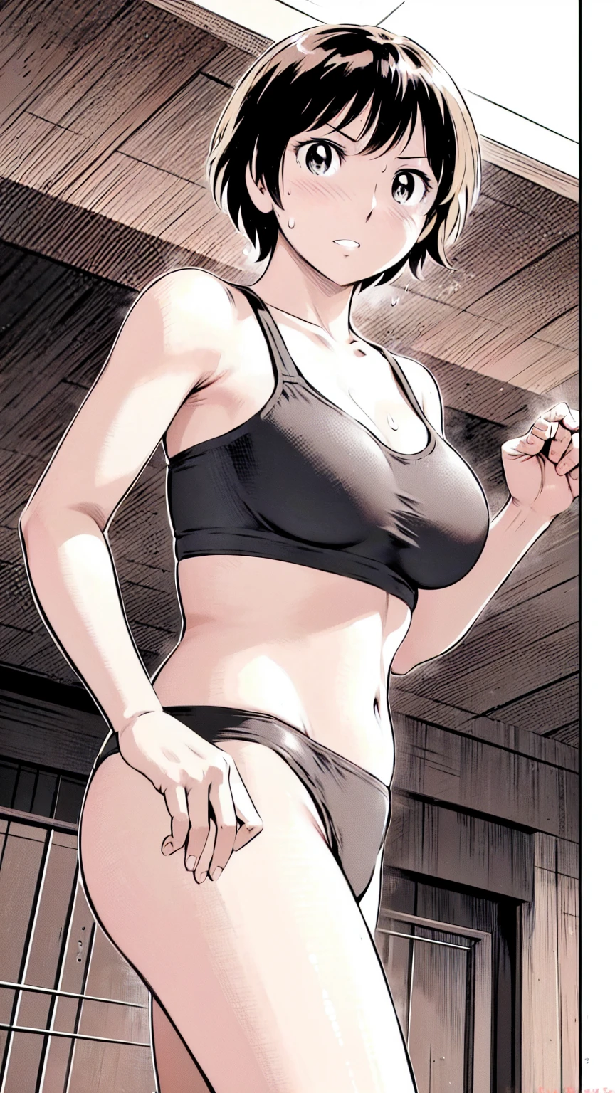 (masterpiece、Highest quality)、Highest quality, Ultra-high resolution, (((masterpiece))), alone, Sweat、Big eyes, Composition from the front、（Close-up of a person）、Shortcuts、Embarrassed face、Bronze Hair、Short back hair、Sports 、