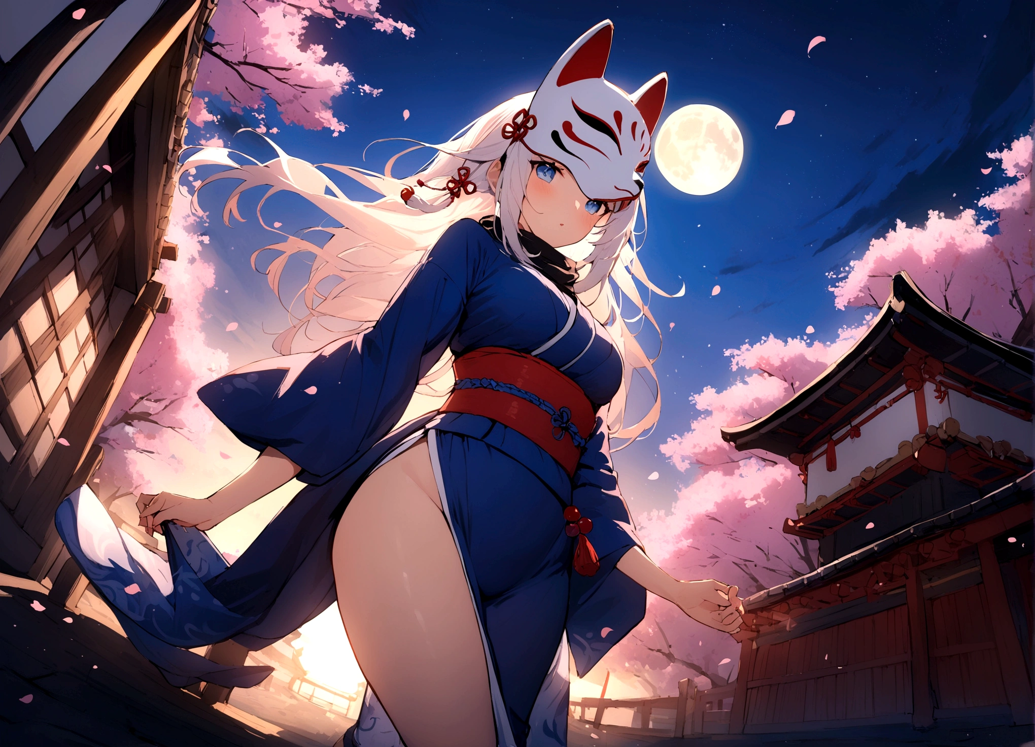 (masterpiece, best quality:1.2), 1girl, 独奏,Wolf girl, fox mask, ninja, girl, long white hair, odd eyes, blue kimono, ninja girl, red and blue scarf,Dancing Cherry Blossoms,Full moon backlighting, light coming in, fantastic atmosphere.Kyoto、Starry sky and full moon、Black fox mask、Fisheye Lens、Dynamic Angles
