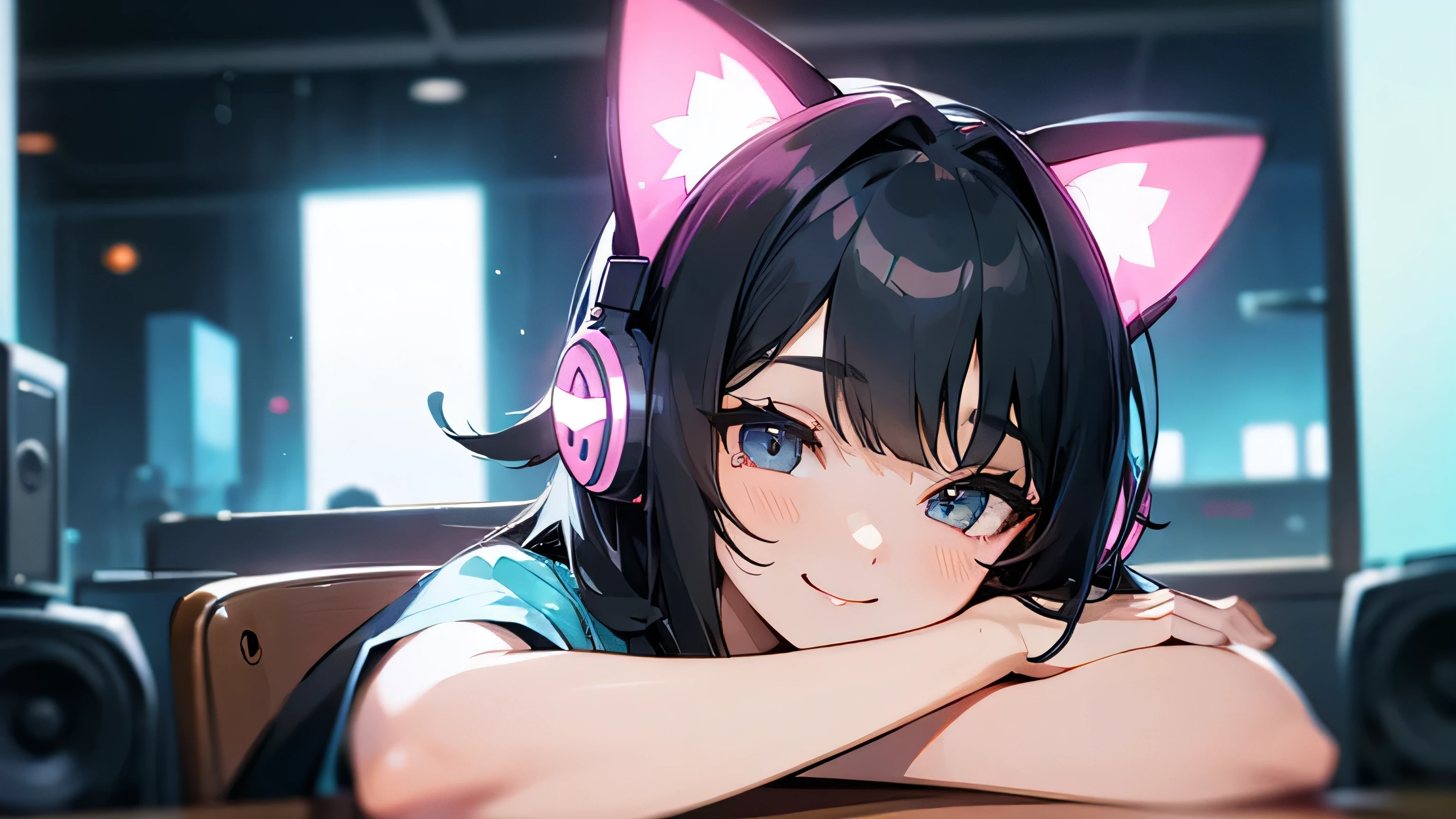 Room with speakers、Cat with headphones、Face close-up、night、Black Hair、smile、Sitting in a chair