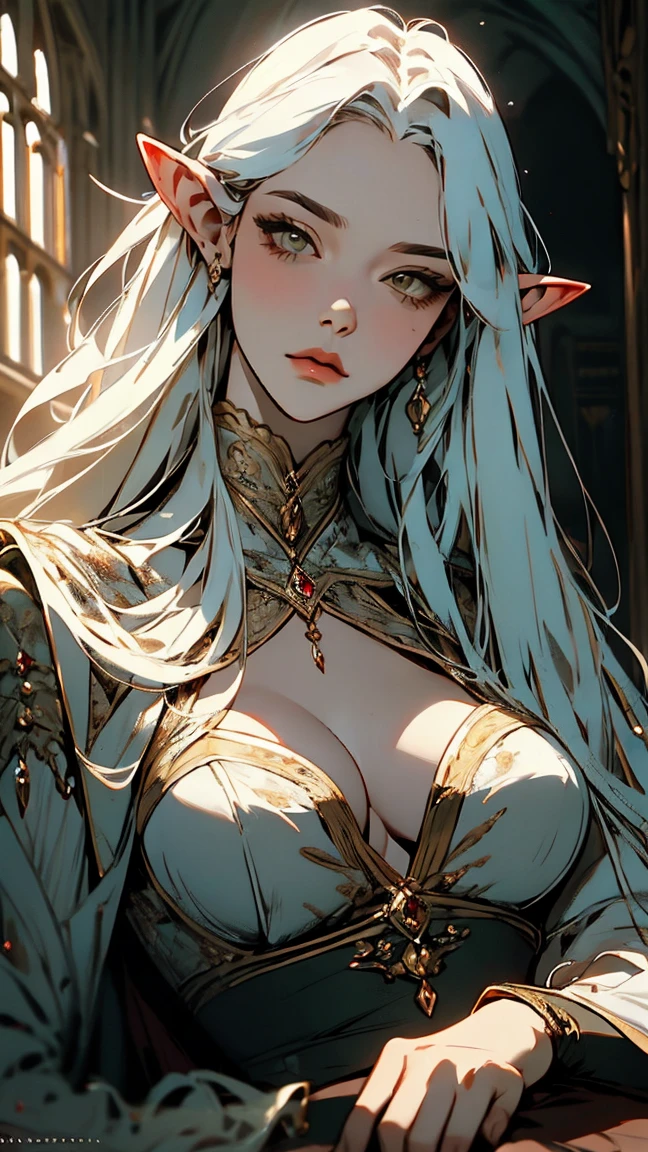 { -  error}(Masterpiece - Ultra-detailed, very high resolution) Prepare to be enchanted by a true masterpiece that combines ultra-detailed art with high-resolution rendering. . meman. This work depicts a mesmerizing adult elf with long white hair (1.3) and captivating yellow eyes (1.2), emanating an aura of elegance and mystery in medieval settings. The intricate details and realistic textures invite you to explore every aspect of this enchanting composition. Woman wearing elf costumes. Red lips. No . small . NO . pés no chão, corpo inteiro, pés amostra. Get ready to dive into a world where beauty and craftsmanship merge perfectly