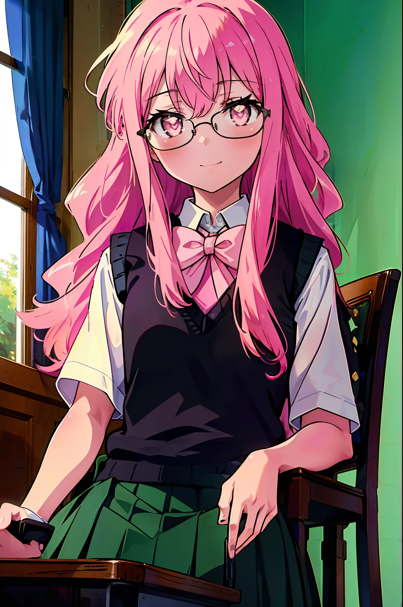 {{masterpiece}},{{Highest quality}},{{High resolution}},{{Caustics}},{{Familiar}},blush,
smile,Louise Françoise Le Brun de La Valliere,Akabuchi Glasses Pink Hair,Pink Eyes, 黒break skirt, shirt, bow, ribbon, , white shirt, Short sleeve, Pleated skirt, collared shirt, mini skirt, bowtie, 黒いloafers , Black Skirt, Black pantyhose, loafers, green bow, (pink sweater vest:1.5),,classroom,Sit on a chair,whole body,(Cowboy Shot:1. 5),break (masterpiece:1.2), Highest quality, High resolution, unity 8k wallpaper, (shape:0.8), (Fine and beautiful eyes:1.6), Highly detailed face, Perfect lighting, Highly detailed CG, (Perfect hands, Perfect Anatomy),