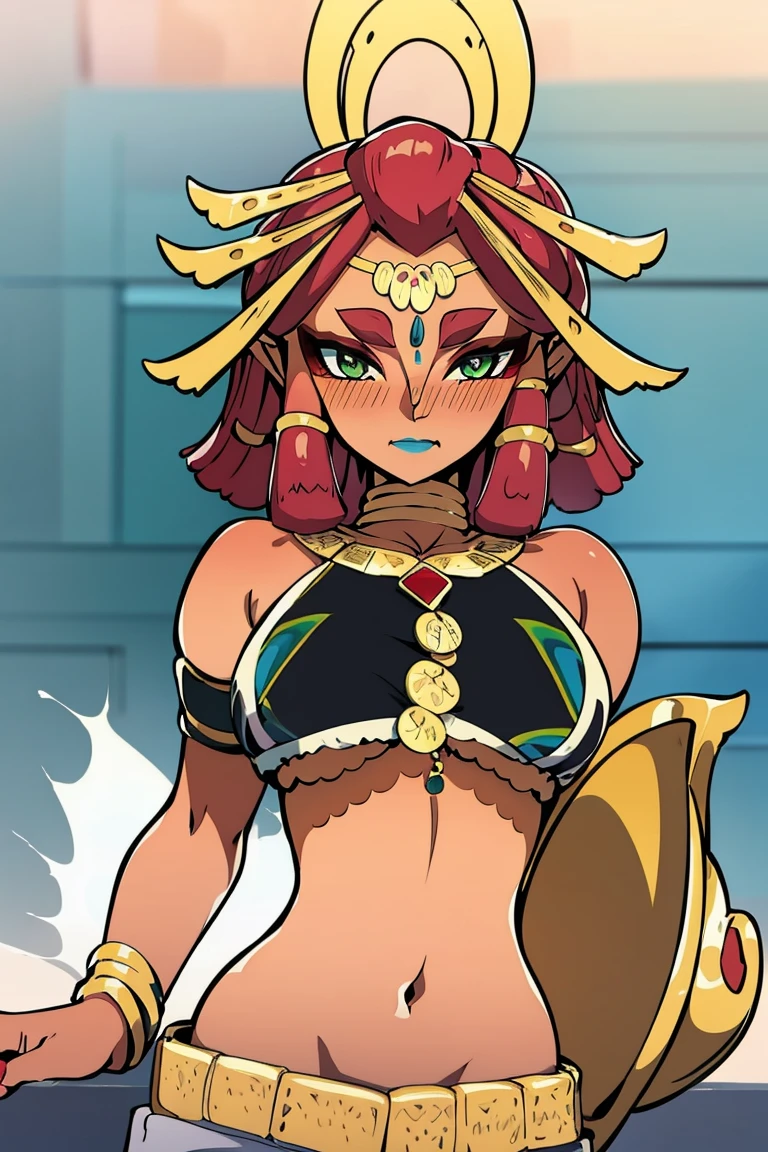 best quality, high resolution, large breasts, red hair, blush, embarrassed, cowboy shot, looking at viewer, Riju, blue lip, 