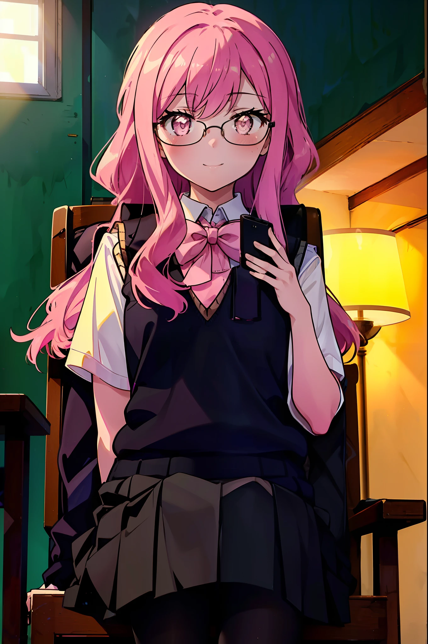 {{masterpiece}},{{Highest quality}},{{High resolution}},{{Caustics}},{{Familiar}},blush,
 smile,Louise Françoise Le Brun de La Valliere,Akabuchi Glasses Pink Hair,Pink Eyes, 黒break skirt, shirt, bow, ribbon, , white shirt, Short sleeve, Pleated skirt, collared shirt, mini skirt, bowtie, 黒いloafers , Black Skirt, Black pantyhose, loafers, green bow, (pink sweater vest:1.5),,classroom,Sit on a chair,whole body,(Cowboy Shot:1. 5),break (masterpiece:1.2), Highest quality, High resolution, unity 8k wallpaper, (shape:0.8), (Fine and beautiful eyes:1.6), Highly detailed face, Perfect lighting, Highly detailed CG, (Perfect hands, Perfect Anatomy),