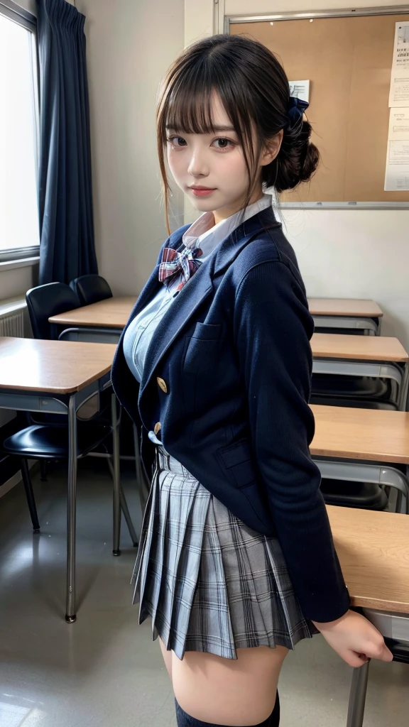 masterpiece, best quality, illustration, Super detailed, fine details, High resolution, 8K,wall paper, perfect dynamic composition,(Details High quality, realistic depiction of eyes:1.3), from side, High School Classroom、High school girl uniform、blazer 、Super Short Check Uniform Skirt、Navy blue high socks、garterbelts、plump breasts, Disturbed uniform,  (updo:1.2), black hair color, large breasts, Big Natural Color Lip, bold sexy pose, (perfect body shape), crying a little、20 year old girl、cute type, beautiful legs, hposing Gravure Idol, Voluptuous thighs