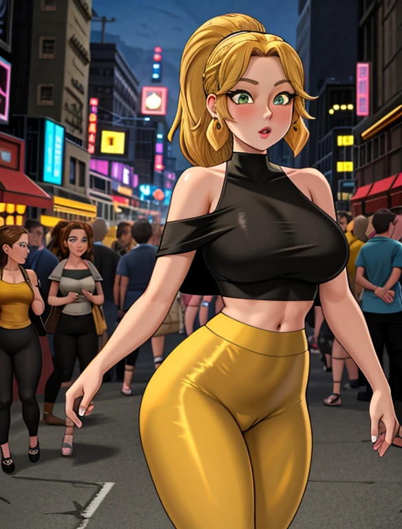 (best quality:1.3), (4K quality),masterpiece, best quality, high res, detailed, (Detailed face:1.2), (Detailed eyes:1.2), (Hourglass figure:1.2), 1girl, solo, 36-years-old, tan olive skin, short blonde hair, pony tail style, emerald eyes, ((Wearing a yellow off-shoulder top, glossy black leggings and high-heel shoes)), standing outside on New York streets, crowds of people on the surroundings, busy atmosphere, cinematic lighting, detailed background,
